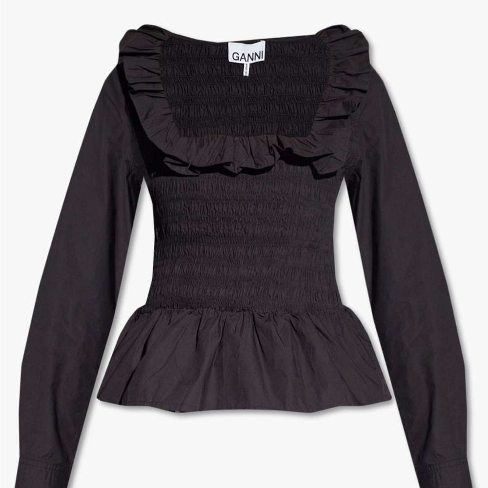 GANNI Cotton Poplin Smock Ruffled Blouse